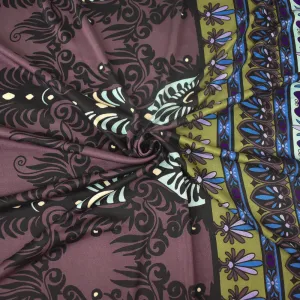 Purple-Multi Border Baroque Pattern Printed Stretch Silk Jersey Knit Fabric
