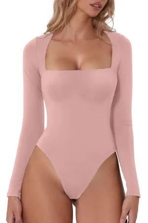 QINSEN Women's Sexy Square Neck Bodysuit Long Sleeve Double Lined Shirt Tops Bridal Rose XL