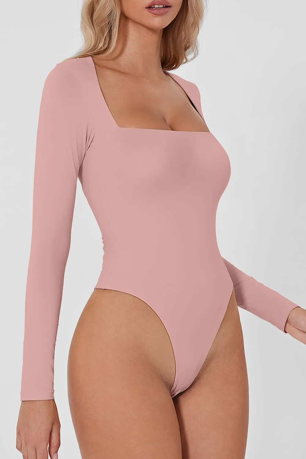 QINSEN Women's Sexy Square Neck Bodysuit Long Sleeve Double Lined Shirt Tops Bridal Rose XL