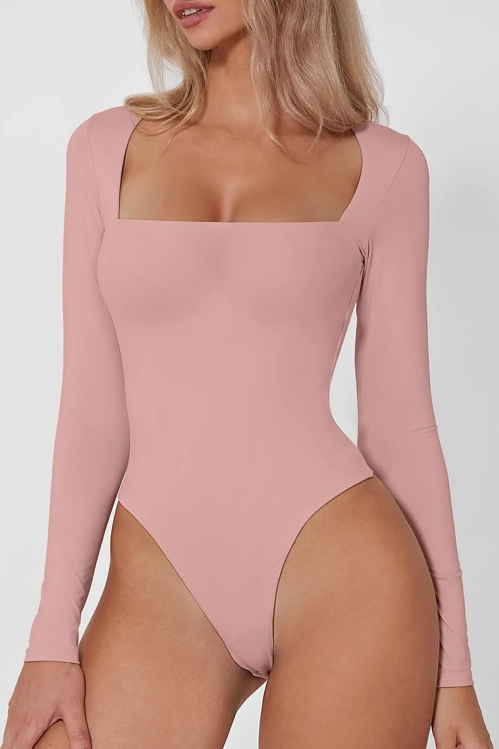 QINSEN Women's Sexy Square Neck Bodysuit Long Sleeve Double Lined Shirt Tops Bridal Rose XL