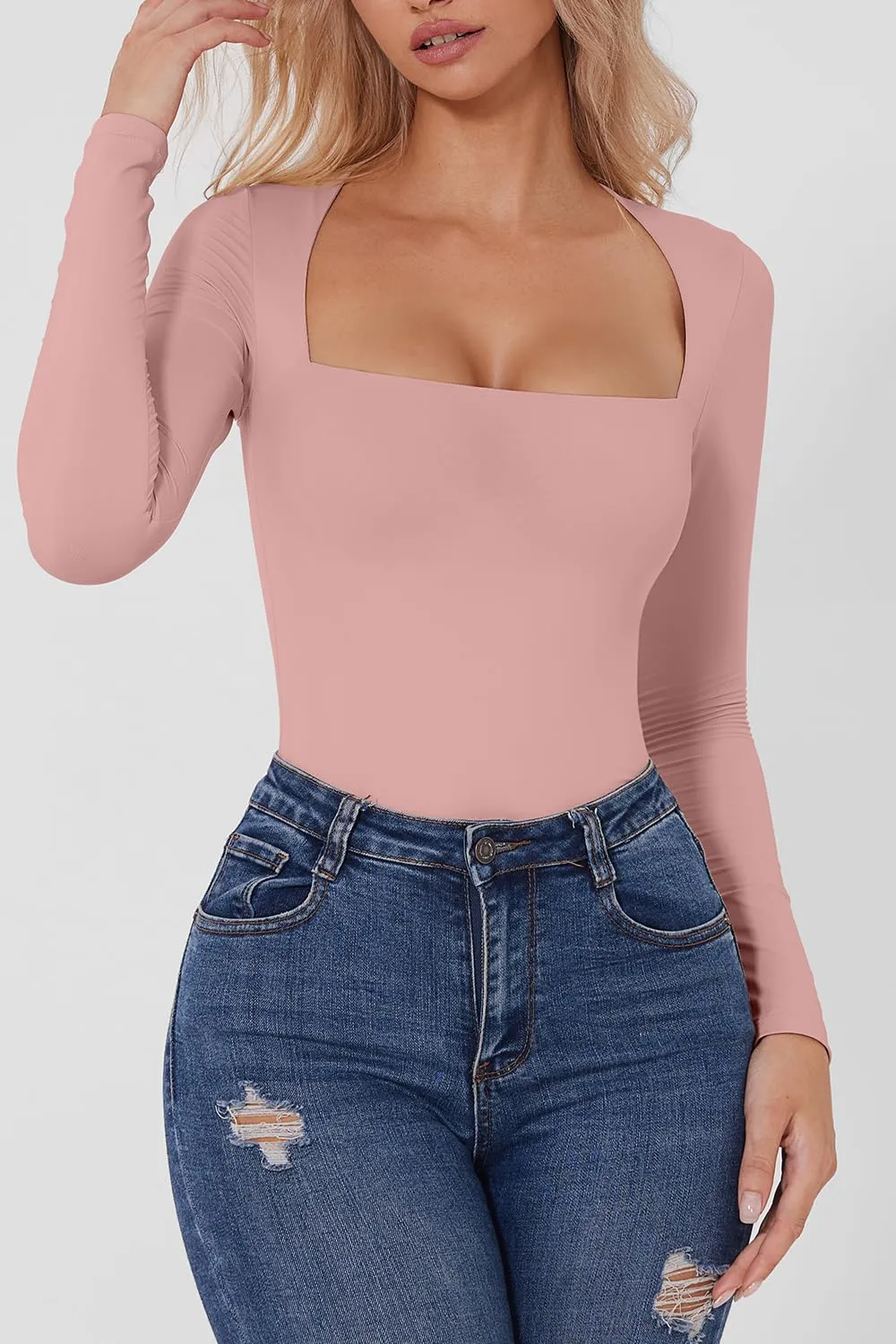 QINSEN Women's Sexy Square Neck Bodysuit Long Sleeve Double Lined Shirt Tops Bridal Rose XL