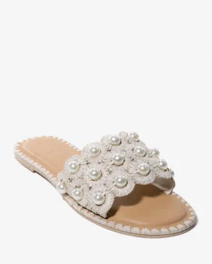 Raffia Pearl Strap Sandal Cream