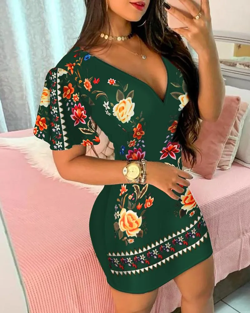 Ruffles Sleeve Floral Print Bodycon Dress