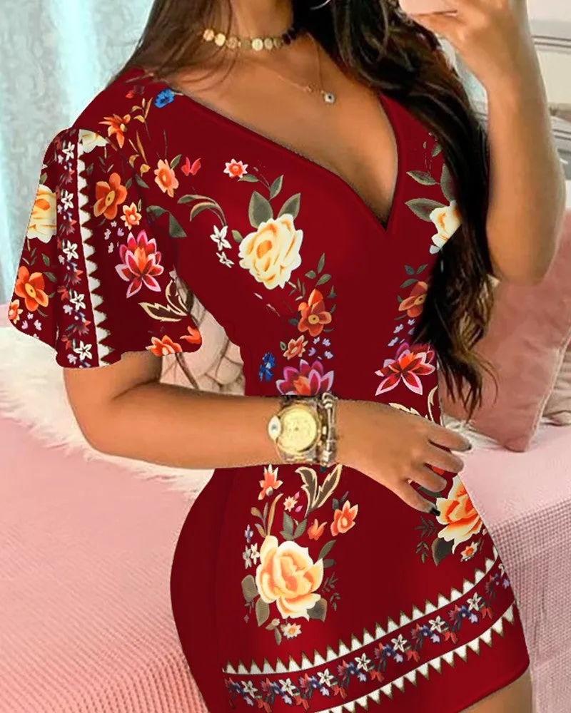 Ruffles Sleeve Floral Print Bodycon Dress