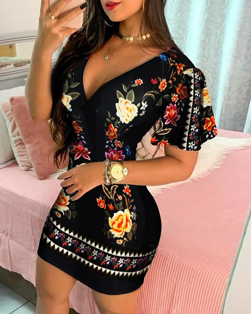 Ruffles Sleeve Floral Print Bodycon Dress