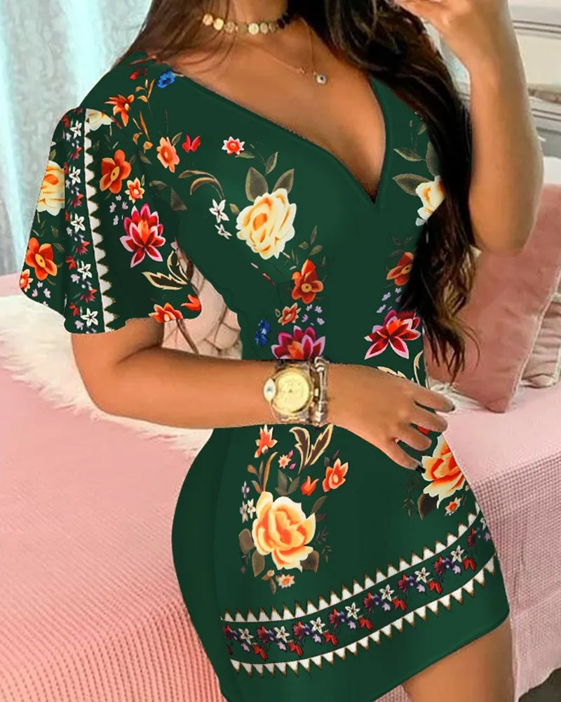 Ruffles Sleeve Floral Print Bodycon Dress