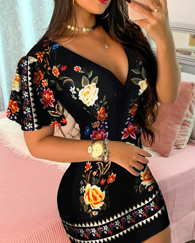 Ruffles Sleeve Floral Print Bodycon Dress
