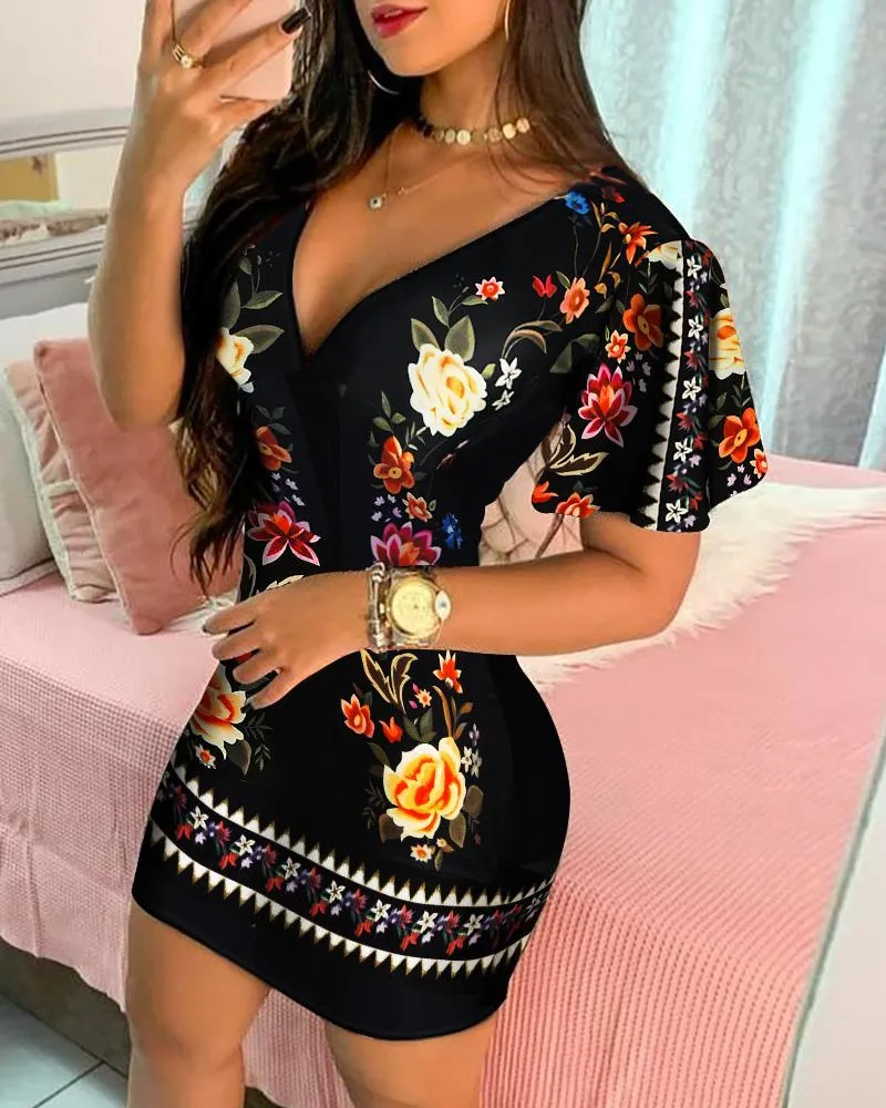 Ruffles Sleeve Floral Print Bodycon Dress