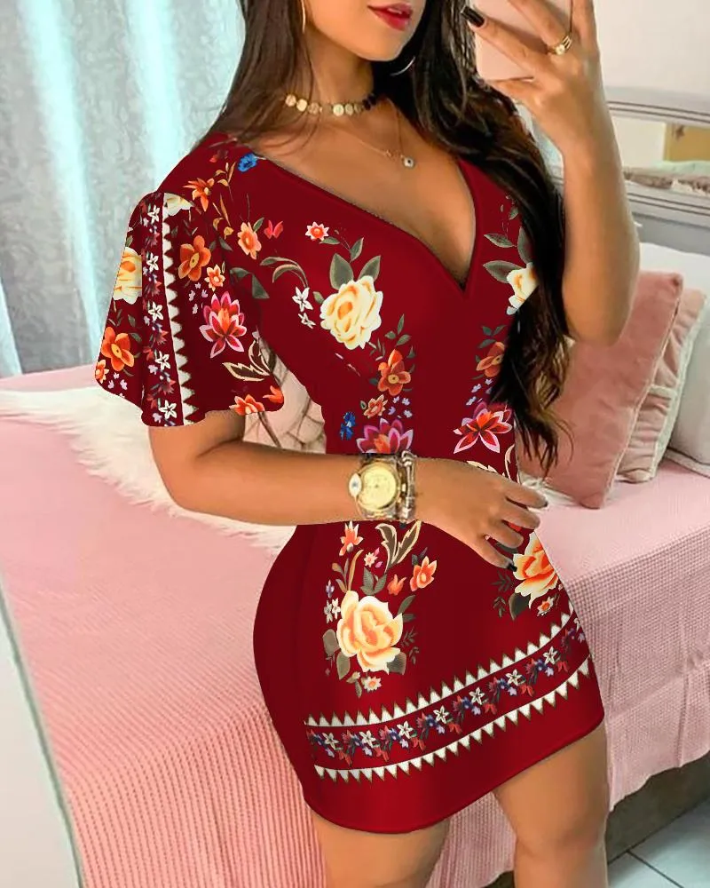 Ruffles Sleeve Floral Print Bodycon Dress