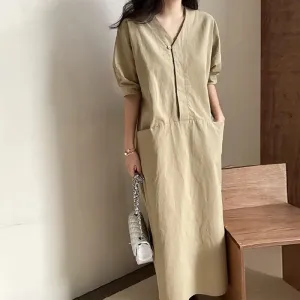 Simple French Style Women Dress Casual V-neck Vestidos Summer Korean Chic Long Solid Straight Short Sleeve Femme Dresses B-25785