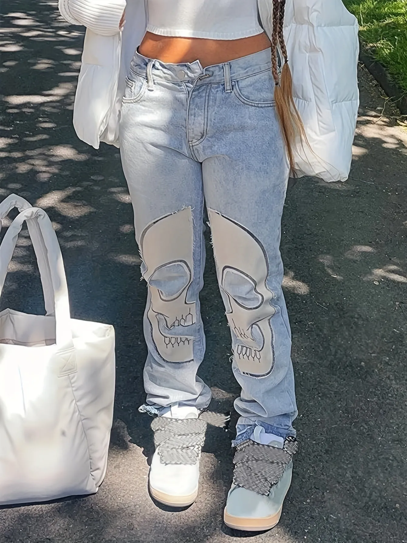 Skull Pattern Washed High Wais  Sraight  Denim Jeans