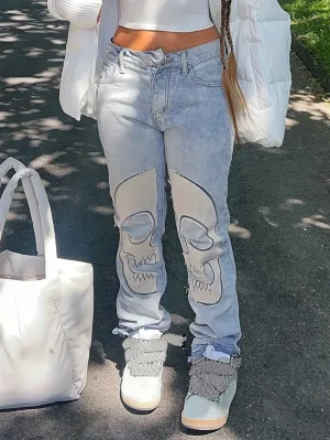 Skull Pattern Washed High Wais  Sraight  Denim Jeans