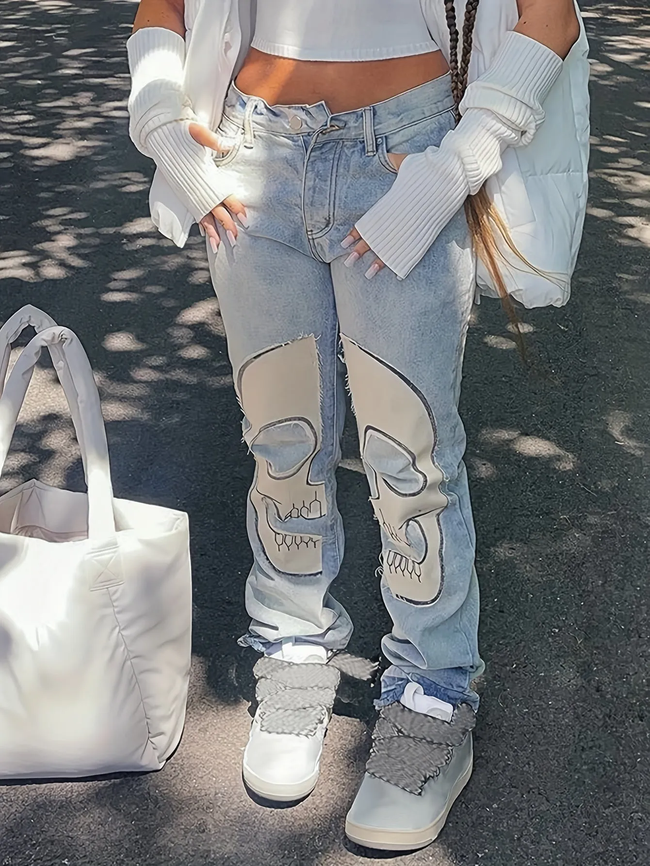 Skull Pattern Washed High Wais  Sraight  Denim Jeans