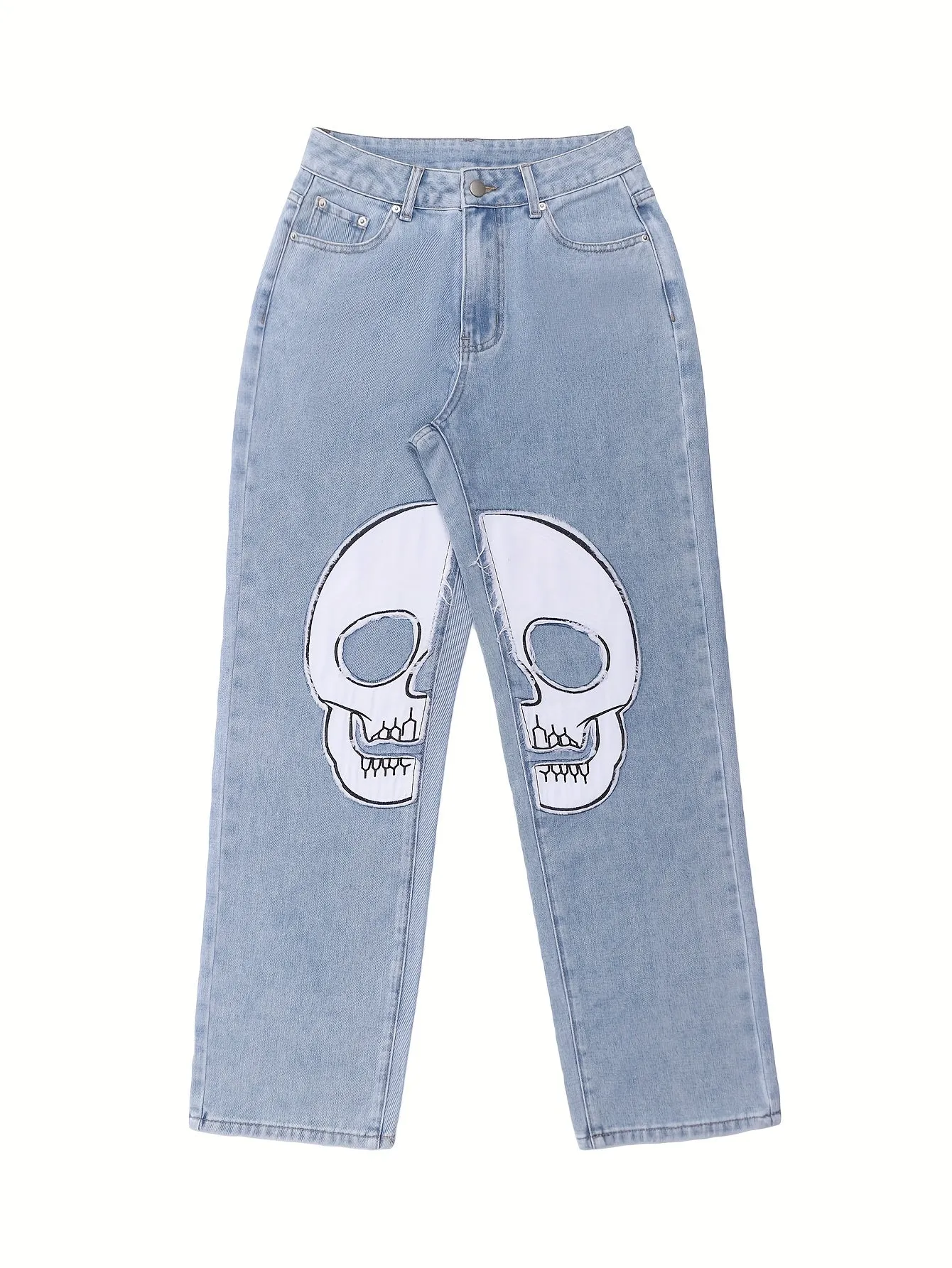 Skull Pattern Washed High Wais  Sraight  Denim Jeans