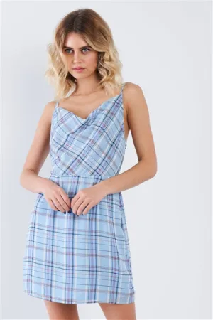 Sky Blue Sheer Multi Strip Open Back Mini Chic Dress