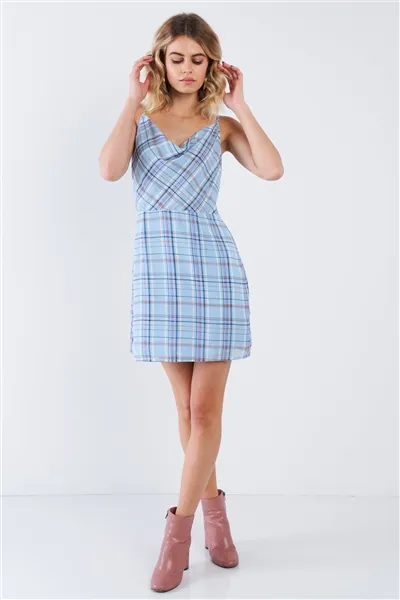 Sky Blue Sheer Multi Strip Open Back Mini Chic Dress