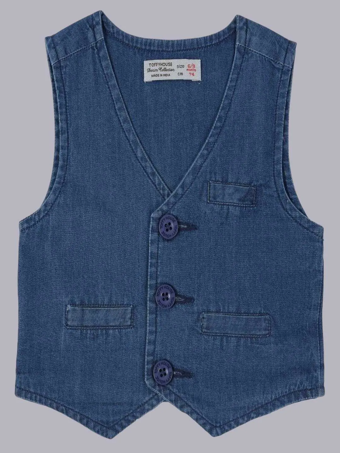 ToffyHouse Dark Blue Denim Vest with Stylish Button-Up Front and Pockets