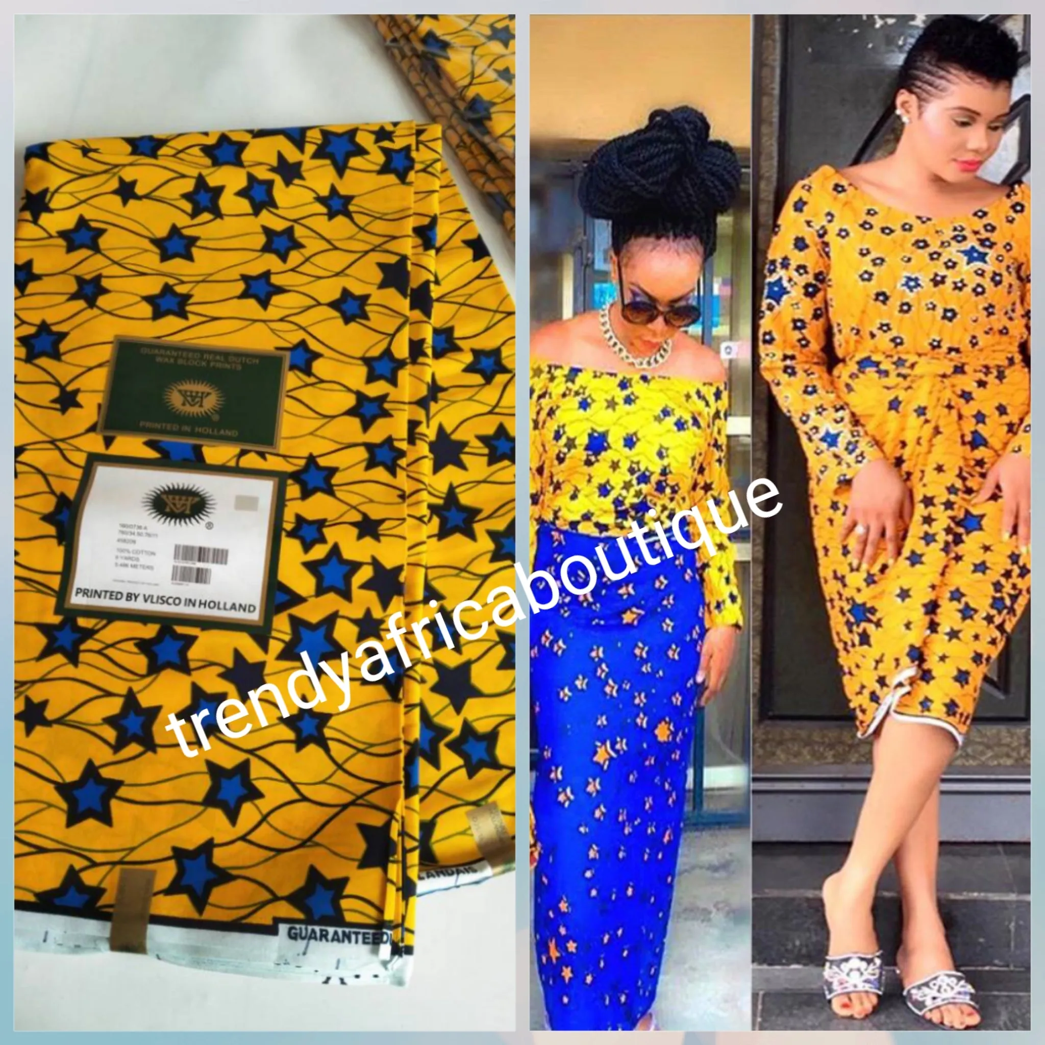 Top quality 100% Cotton Yellow/blue Star ankara Wax-print. Supper quality Hollandaise wax. Sold per 6yds. African/Nigerian cotton Ankara.