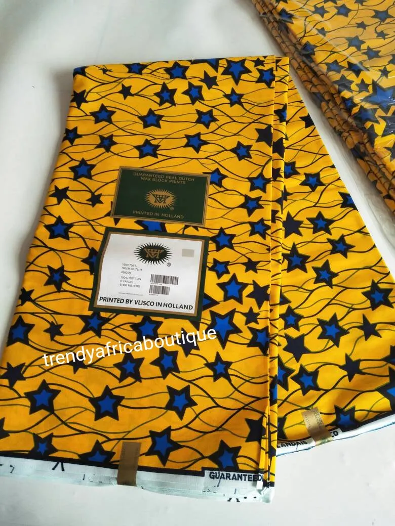 Top quality 100% Cotton Yellow/blue Star ankara Wax-print. Supper quality Hollandaise wax. Sold per 6yds. African/Nigerian cotton Ankara.