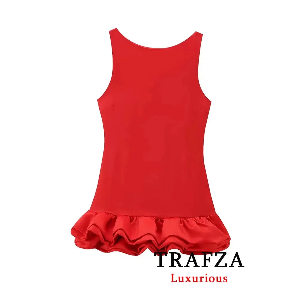 TRAFZA Vintage Chic Red Sexy Women Dress Cami Backless Mini