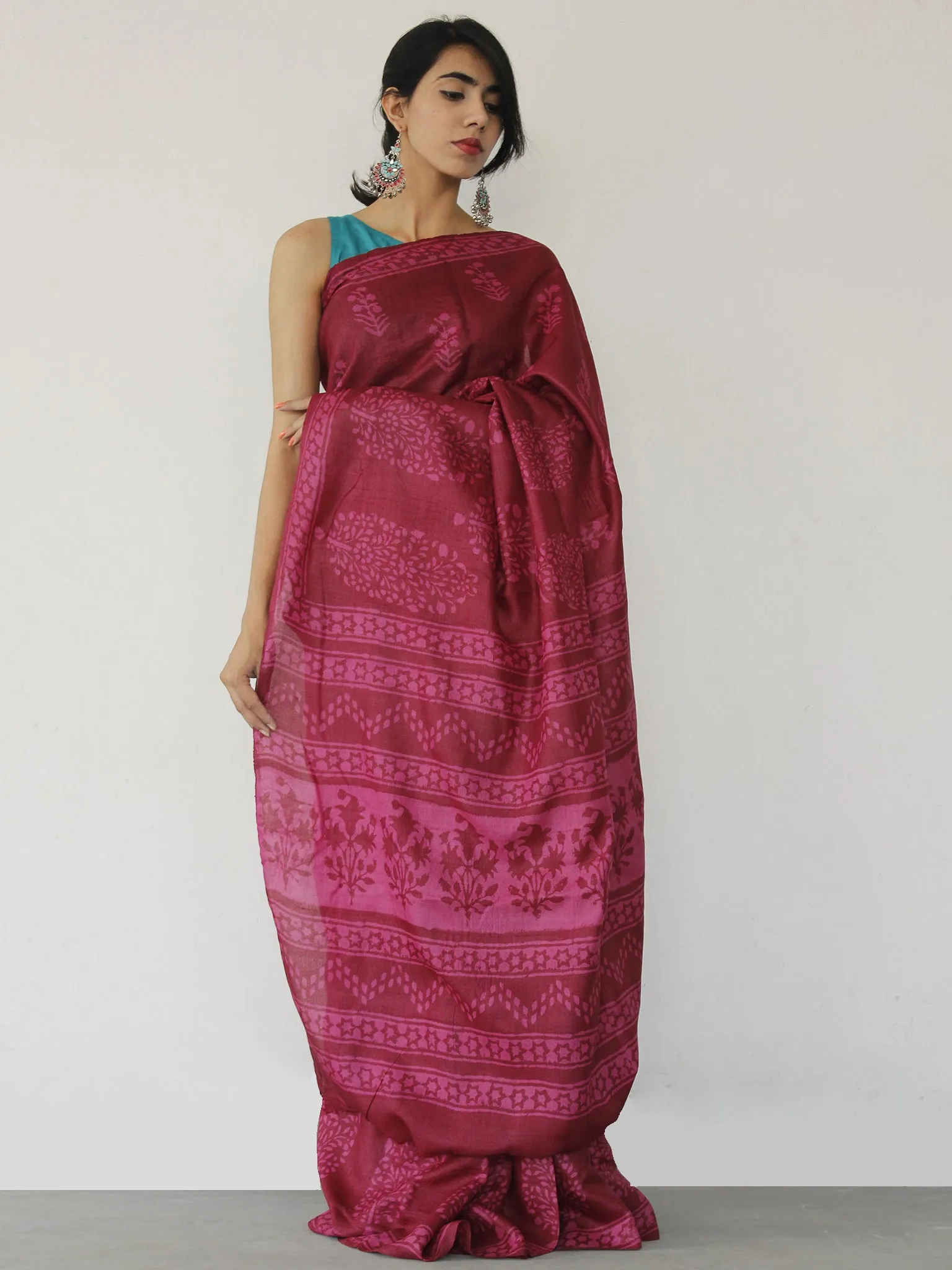 Tussar Handloom Silk Hand Block Printed Saree in Maroon Pink - S031702549