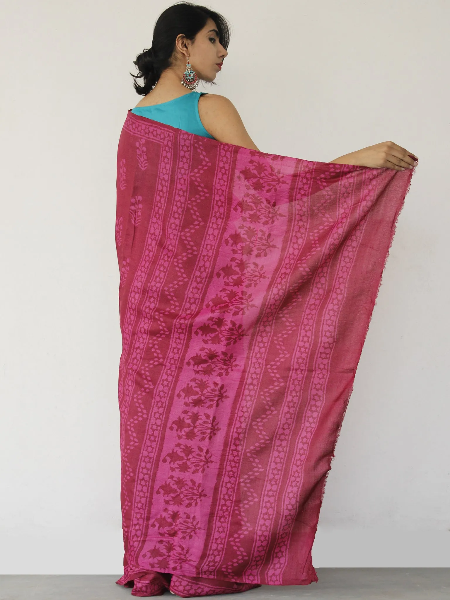 Tussar Handloom Silk Hand Block Printed Saree in Maroon Pink - S031702549