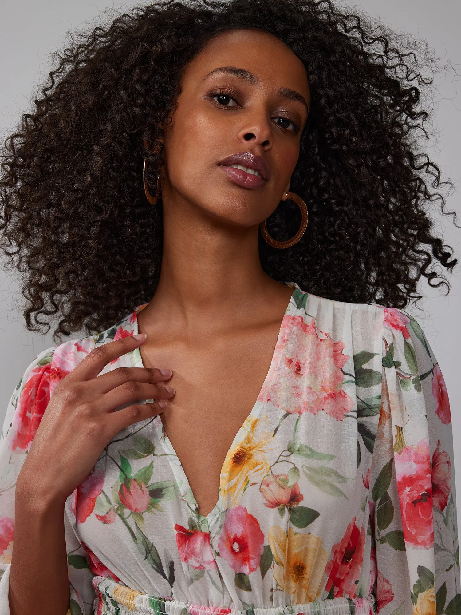V-Neck Smocked Bodice Floral Blouse