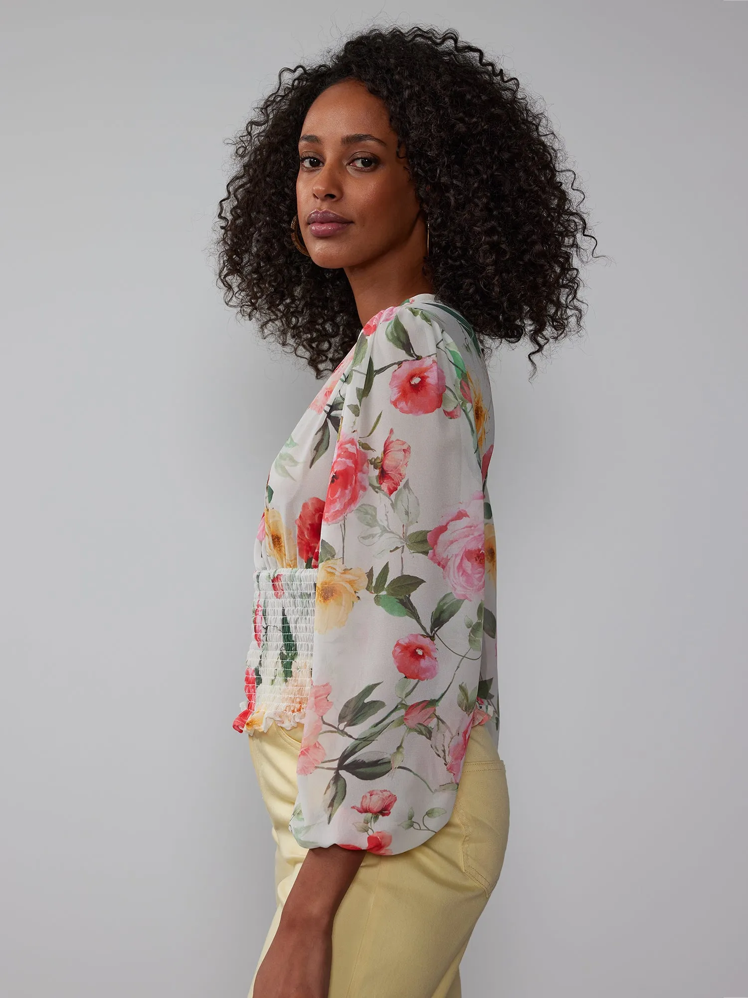 V-Neck Smocked Bodice Floral Blouse