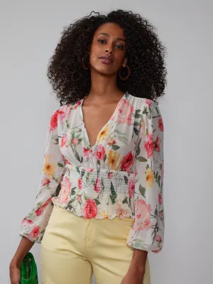 V-Neck Smocked Bodice Floral Blouse