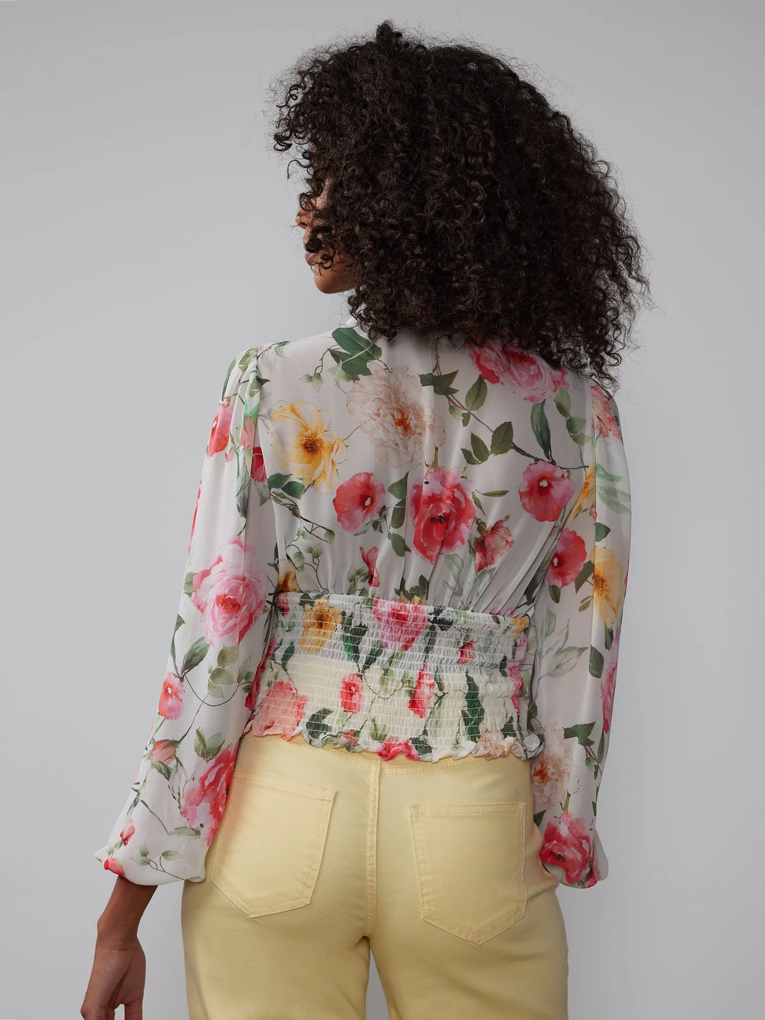 V-Neck Smocked Bodice Floral Blouse