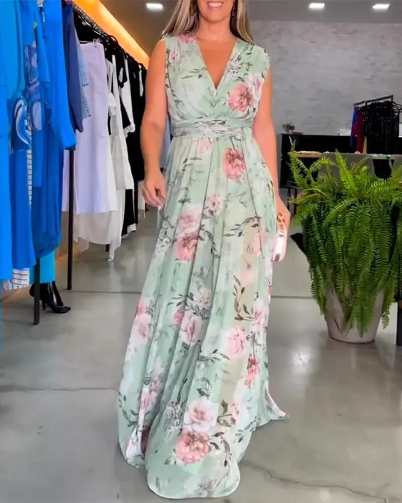 Venesa™ - Chic Sleeveless V-Neck Floral Dress
