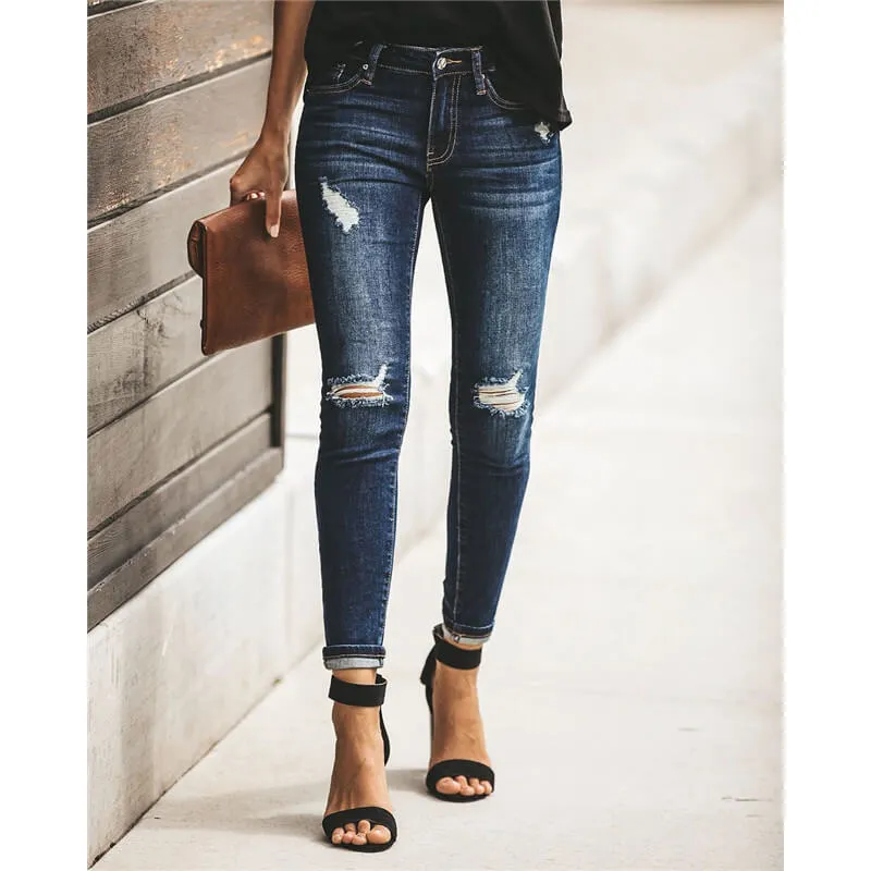 Women Distressed Jeans Comfy Pencil Pants Stretch Denim Skinny Jeans