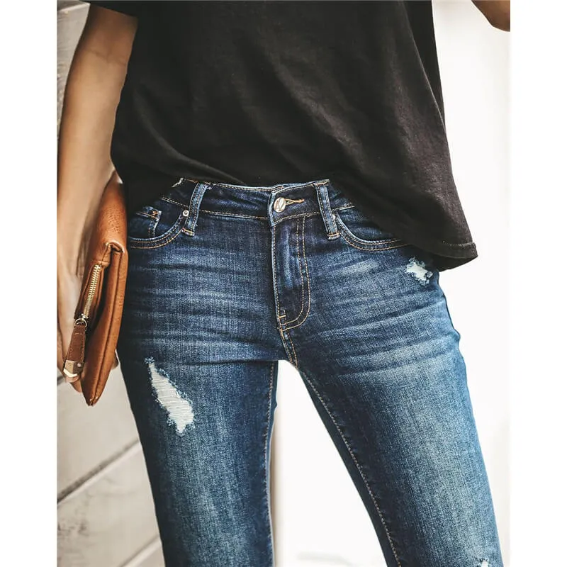 Women Distressed Jeans Comfy Pencil Pants Stretch Denim Skinny Jeans