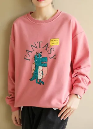 Women pink cotton linen tops women blouses Cartoon print Dresses o neck blouse