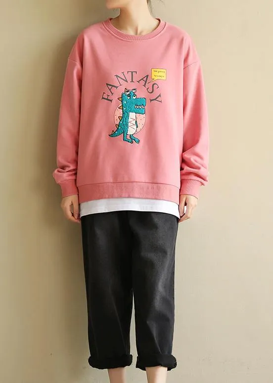 Women pink cotton linen tops women blouses Cartoon print Dresses o neck blouse