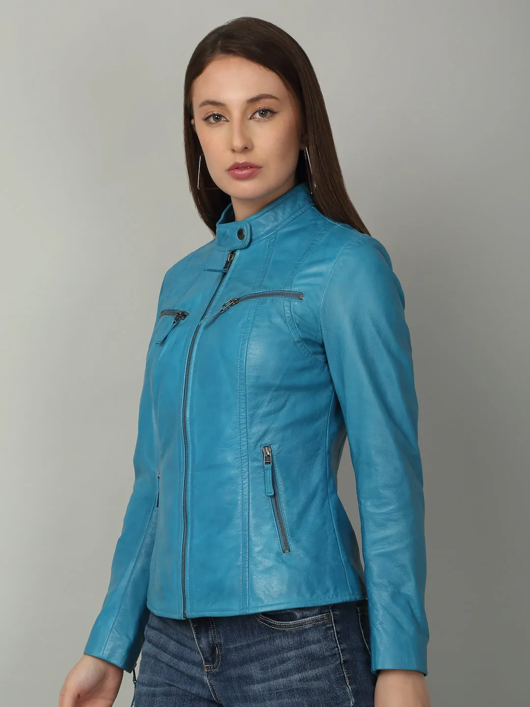 Women Sleek Royal Blue Leather Jacket