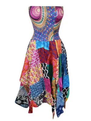 Womens Cotton Boho Strapless Dress, Colorful Hi low Skirt S/M