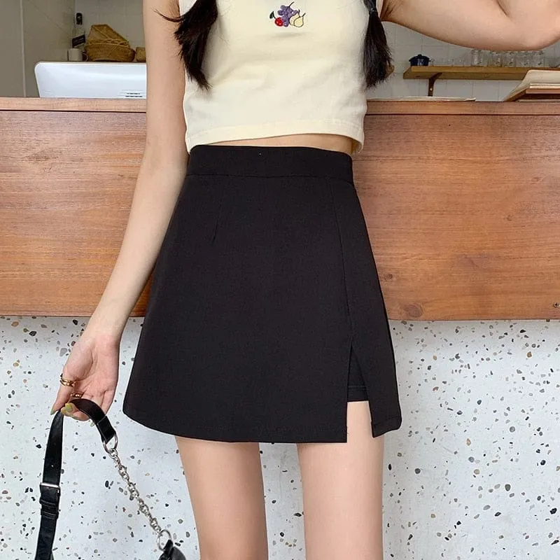 Womens Skirts Preppy Style A-line High-waist Split Mini Skirts