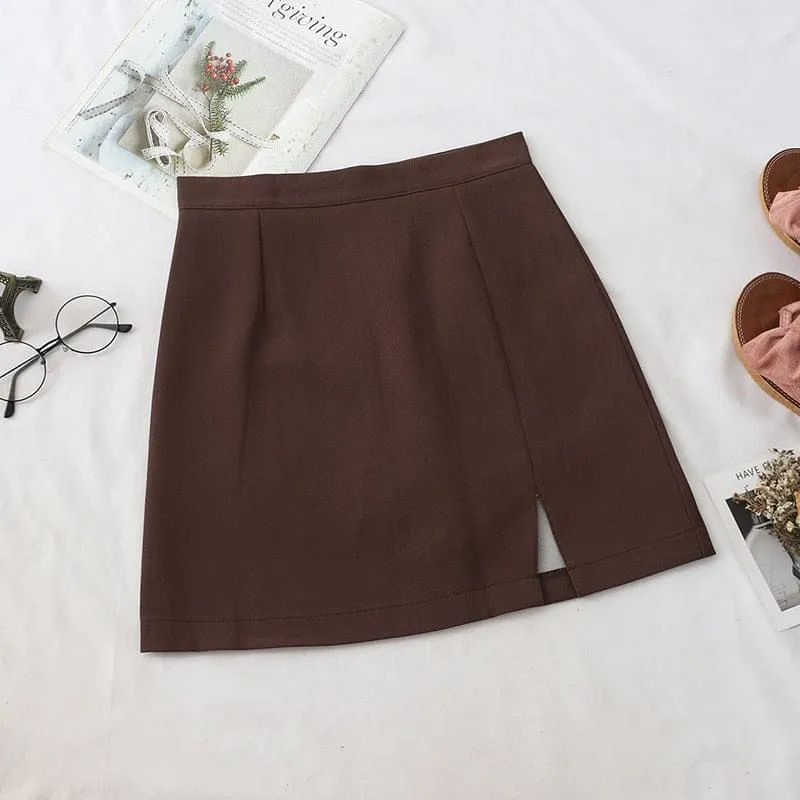 Womens Skirts Preppy Style A-line High-waist Split Mini Skirts