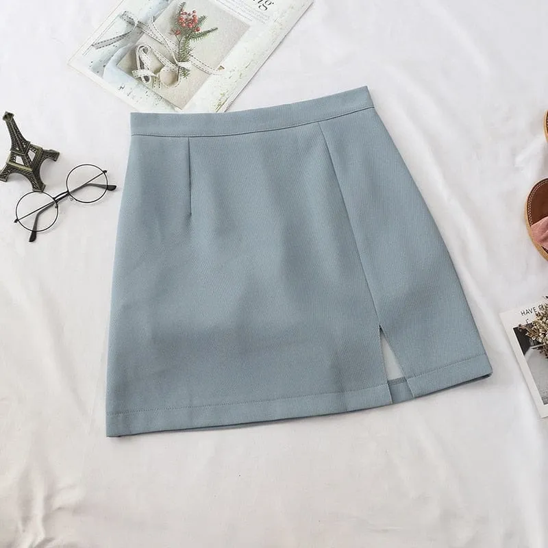 Womens Skirts Preppy Style A-line High-waist Split Mini Skirts